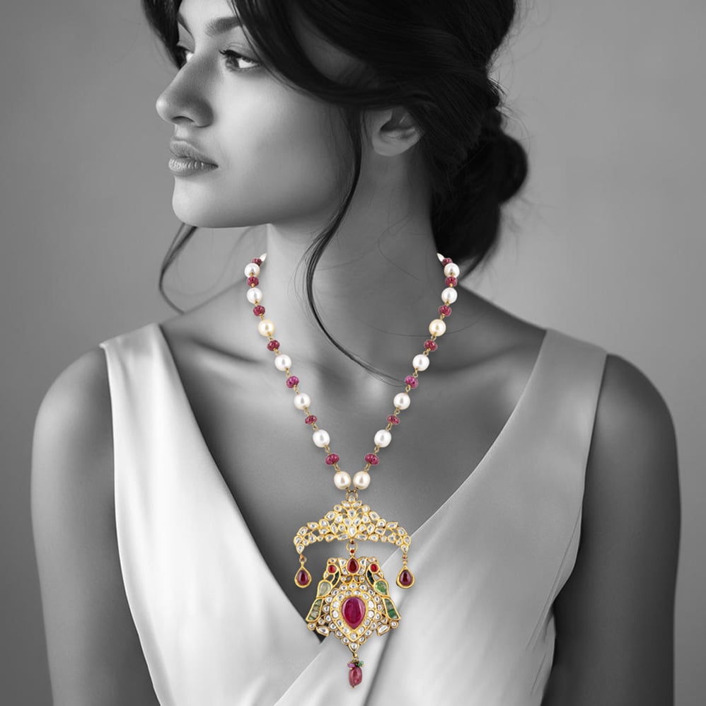 Peacock Polki Pendant Necklace with Rubies, Green Talaf & Southsea Pearls